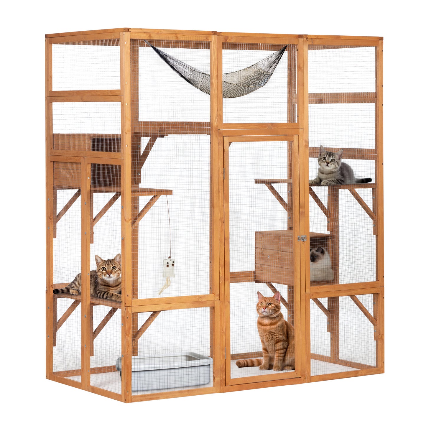 Outdoor Cat Enclosure, Large Wood Cat Cage with Sunlight Top Panel, Perches, Sleeping Boxes, Pet Playpen, Orange