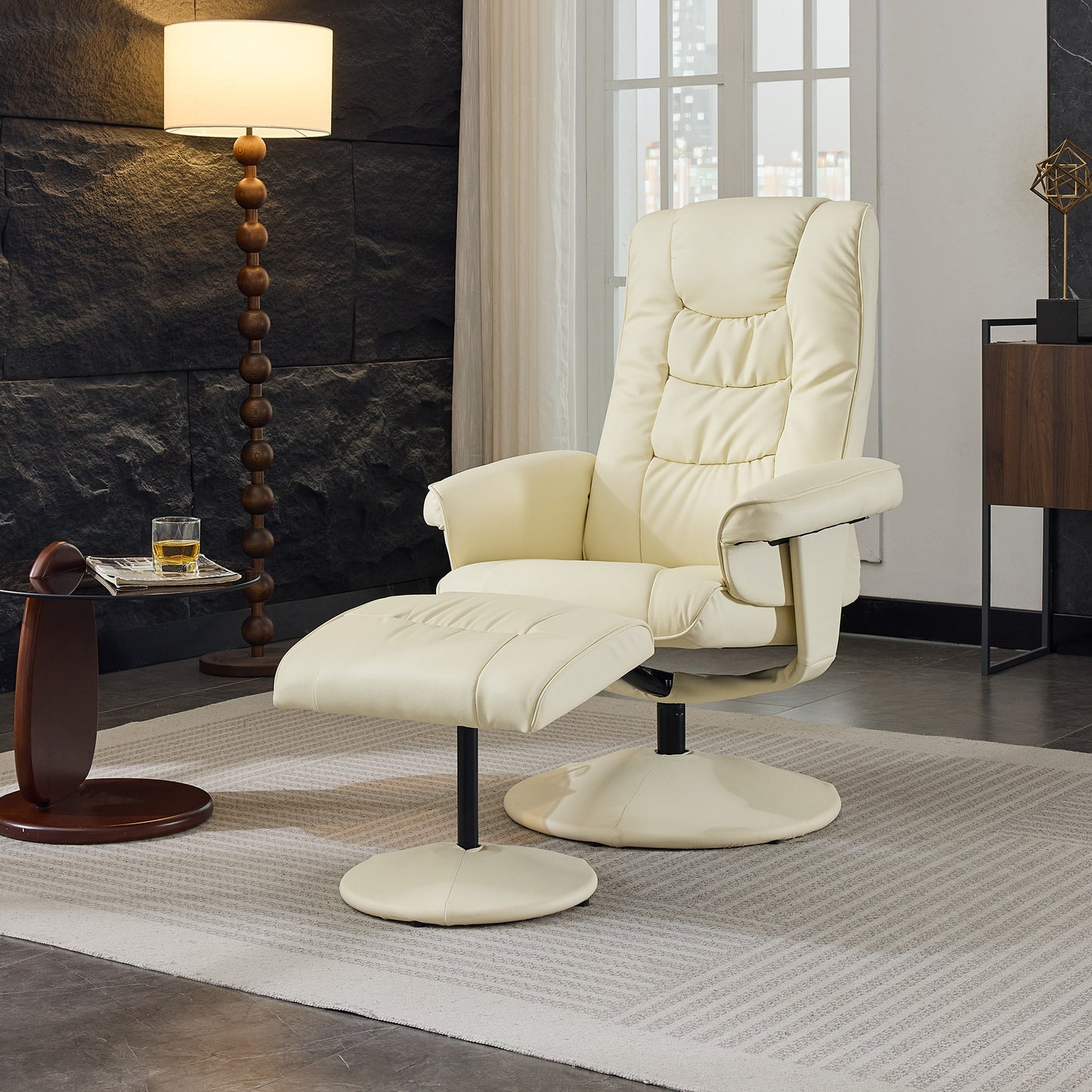 015-PU Leather Massage Reclining Chair with Ottoman, 360° Swivel Stressless Recliner with 5 Point Vibration Massage, Seat Heating and 140° Adjustable Backrest for Home or Office, Beige