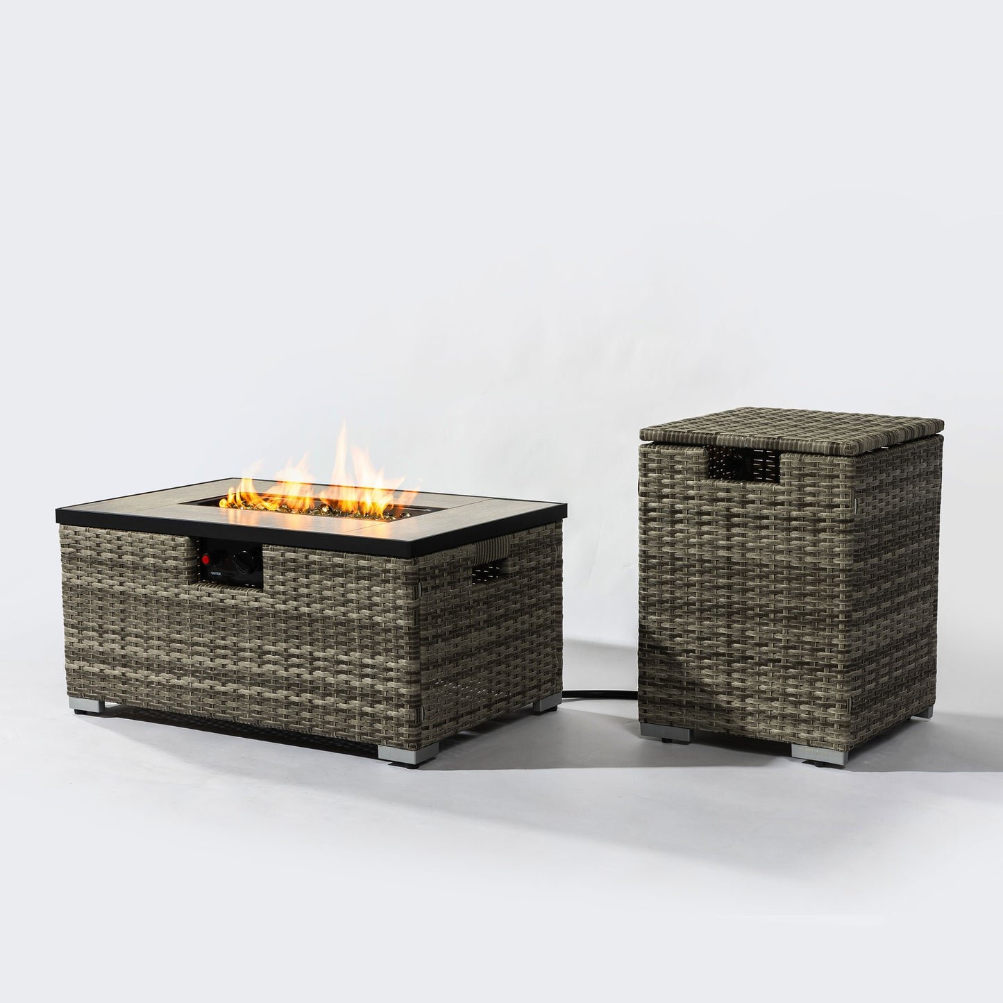 Beige Rattan Fire Pit Table with Tank Holder and Ceramic Tile Tabletop