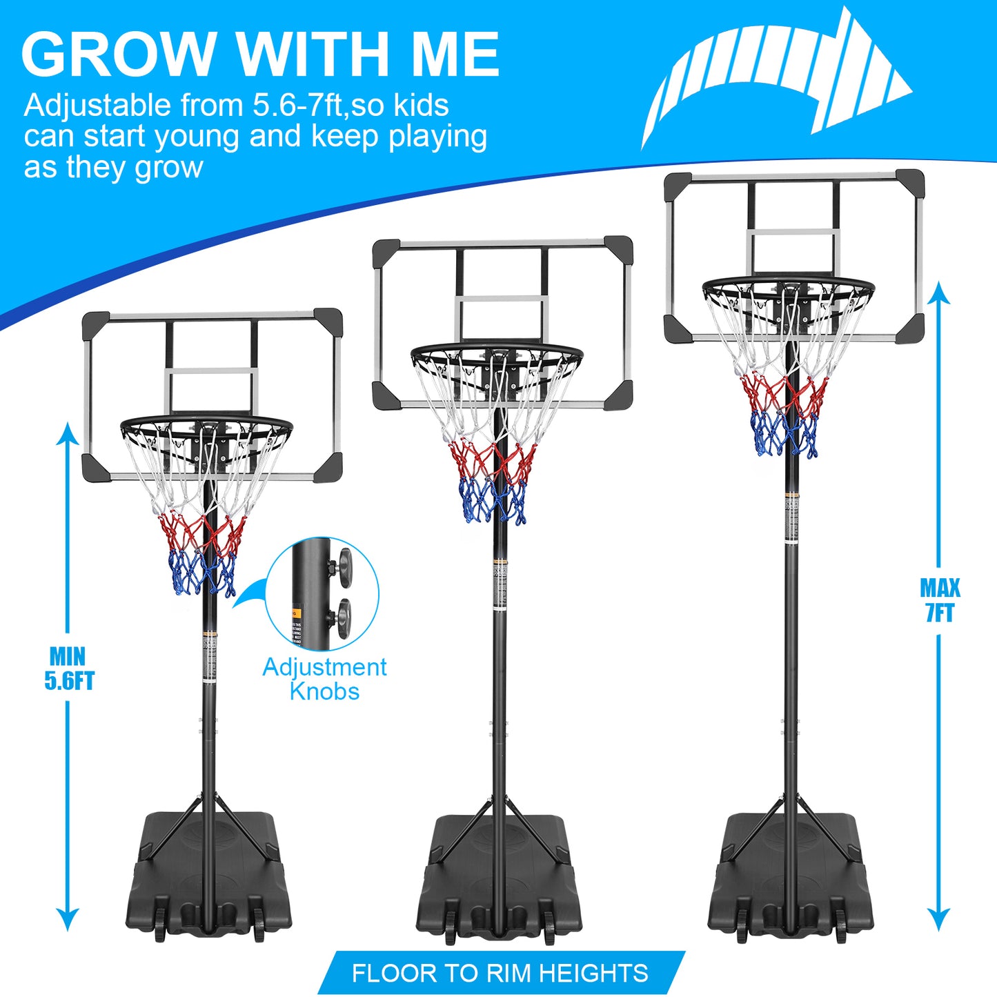 Portable Basketball Goal System with Stable Base and Wheels, use for Indoor Outdoor teenagers youth height adjustable 5.6 to 7ft Basketball Hoop 28 Inch Backboard