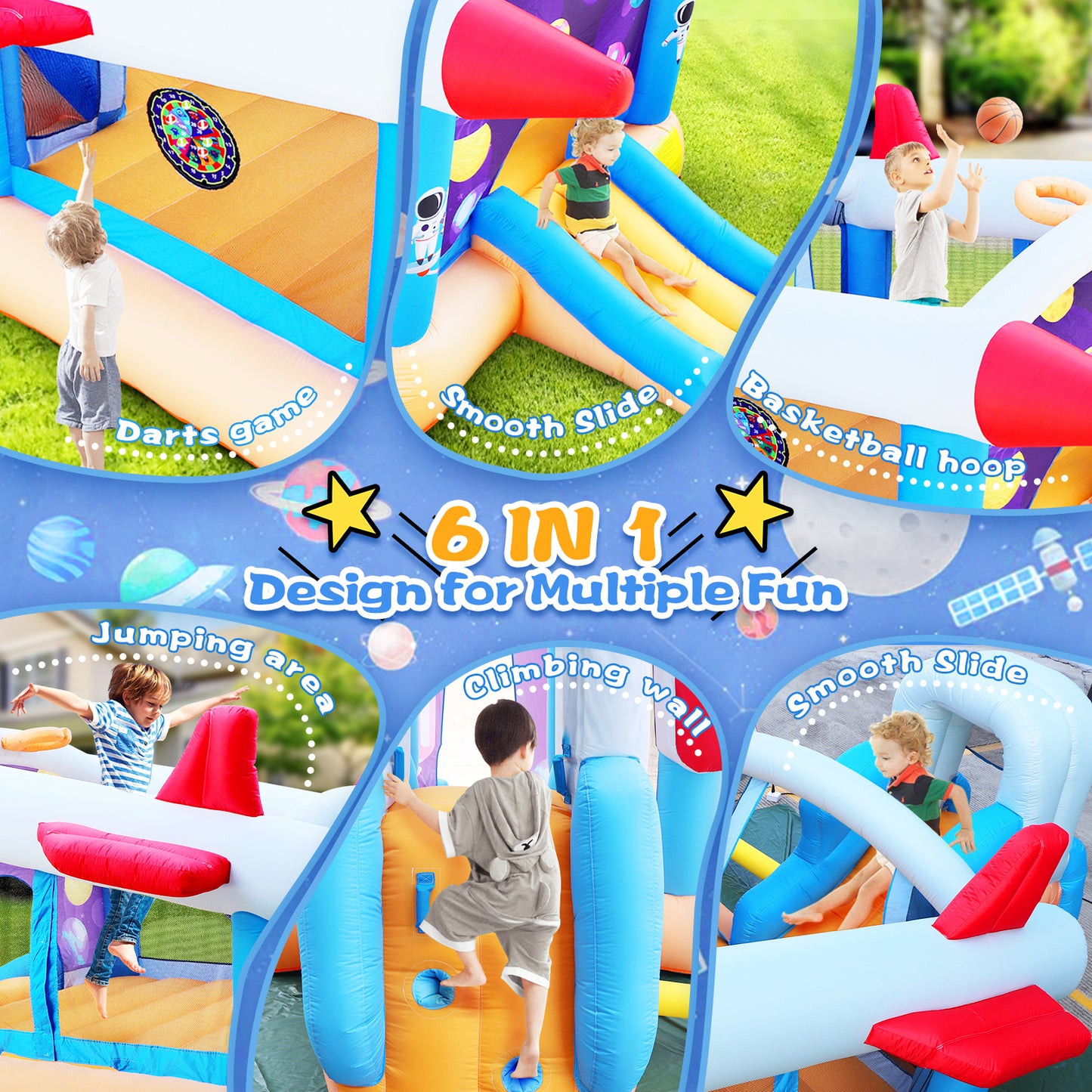 6 in 1 outdoor indoor inflatable bouncer for kids target ball basketball slide with blower