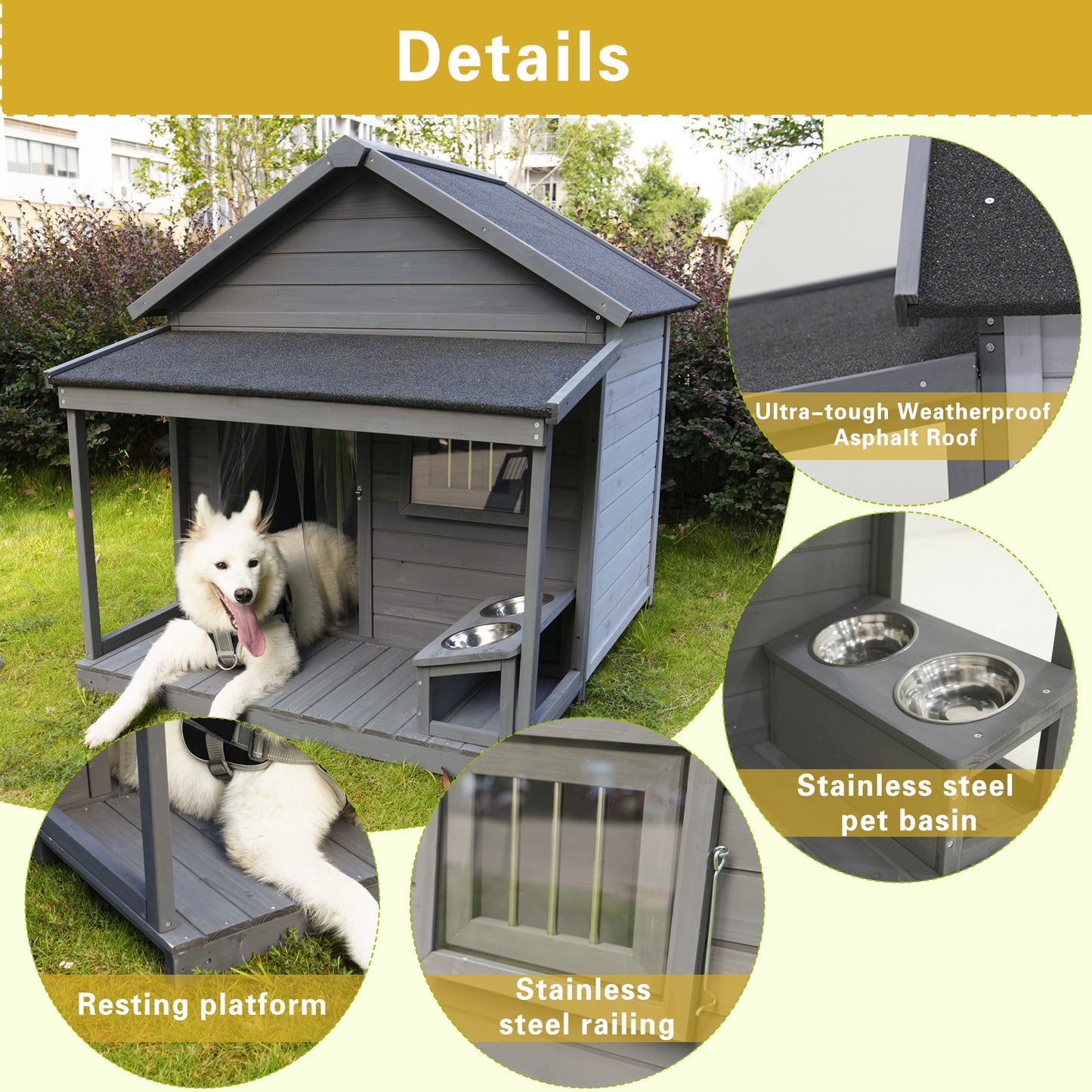 Large balcony dog house, length 44.2" x width 44.6 "x height 44.6" Solid wood asphalt roof dog house with large terrace, weatherproof large dog house, cleaning mat, feeding bowl