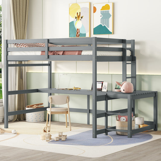 Full Size High Loft Bed with Built-in Desk, Ladder Platform, Ladders, Guardrails ,Grey