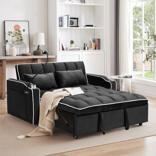 Multi-functional pullout sofa bed, 3 lengths, modern sofa sofa velvet pull-out bed, adjustable back, with USB port, ashtray and swivel phone stand( black)