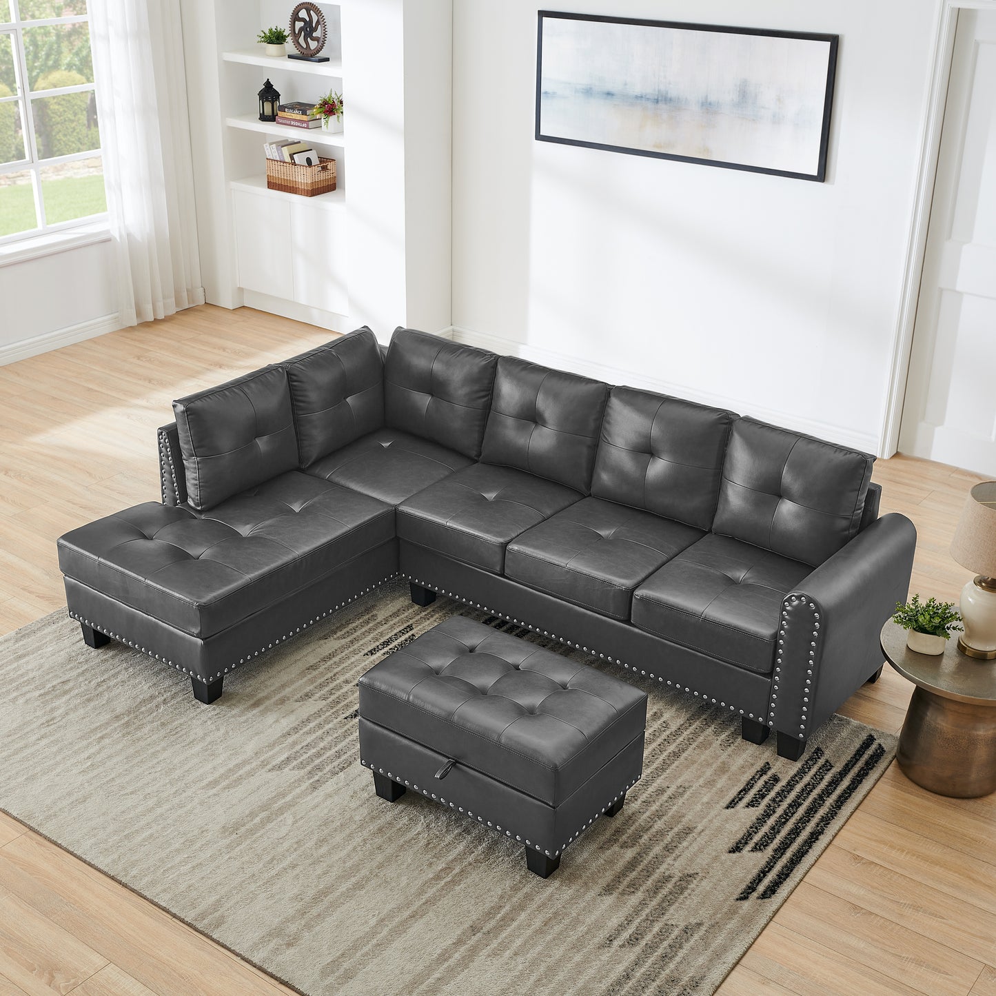 [SantaChoice] Sectional 3-Seaters Sofa , reversible recliner, Storage pad and wood grain cup holder, Non-slip leg, pu, grey