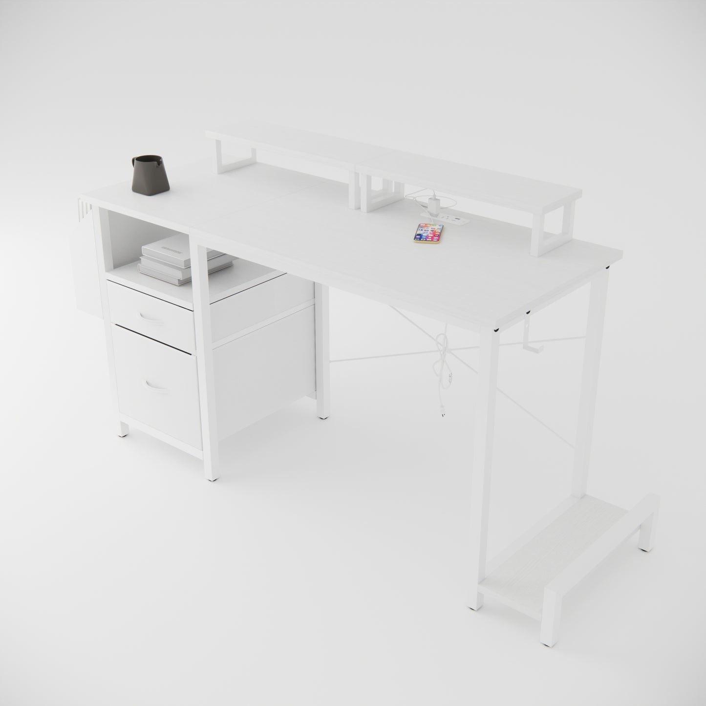 47"office desk with power outlet,2 Monitor Stands,2 drawers,Side Pocket,Easy to Assemble,Frame stability Reversible,use for home desk, computer desk, game table,White