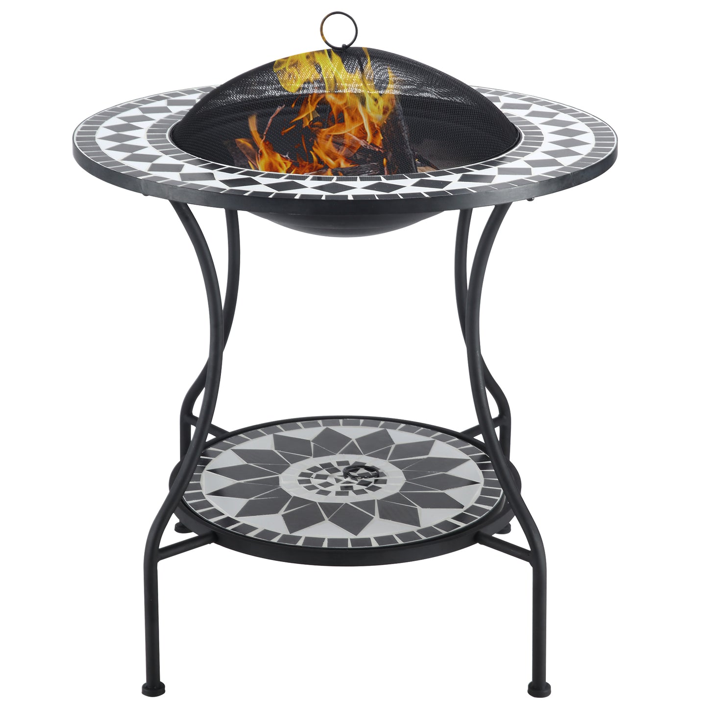 30" Outdoor Fire Pit Dining Table, 3-in-1 Round Wood Burning Fire Pit Bowl, Patio Ice Bucket with Storage Shelf, Spark Screen Cover for BBQ, Bonfire, Camping, Mosaic