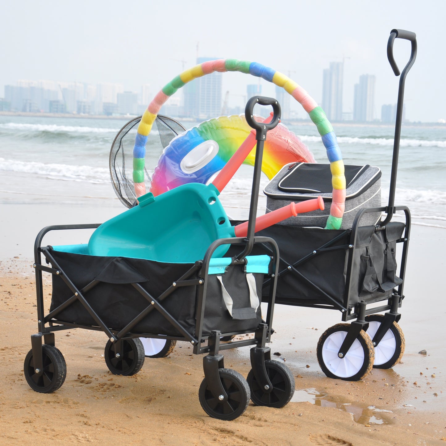 Mini Folding Wagon Garden Shopping Beach Cart (black+blue)