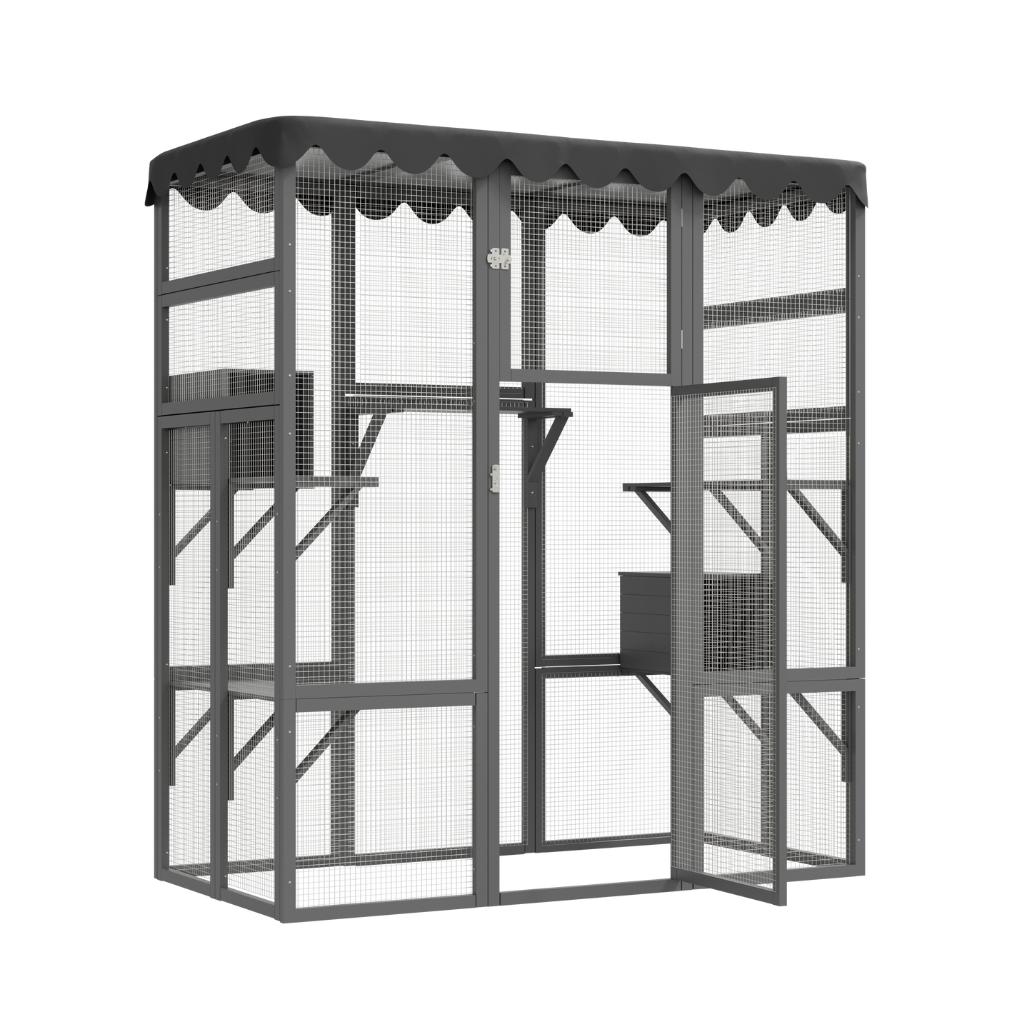 Outdoor Cat House Big Catio Wooden Feral Cat Shelter Enclosure with Large Spacious Interior, 6 High Ledges, Weather Protection Asphalt Roof