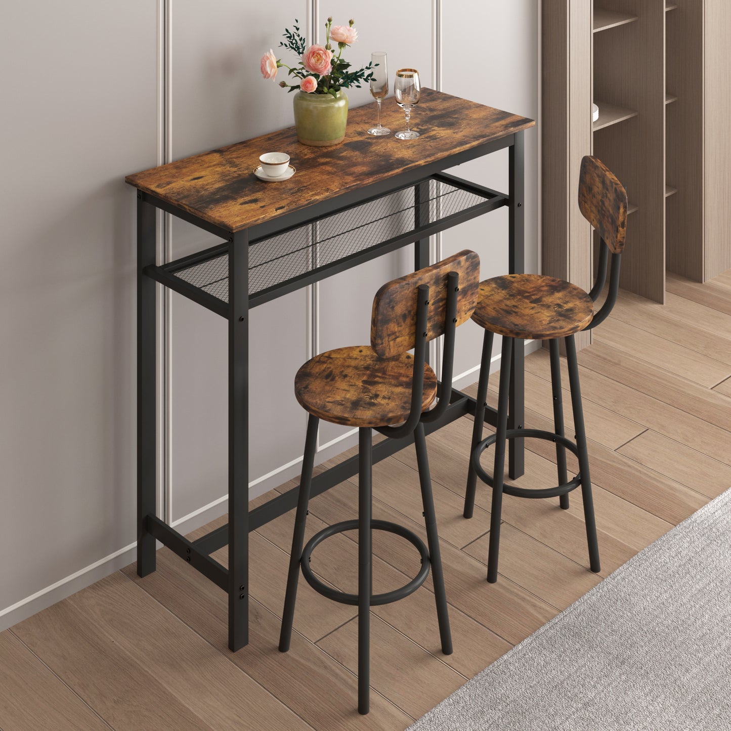 [SantaChoice] Bar table, equipped with 2 bar stools , with backrest and partition (Rustic Brown)