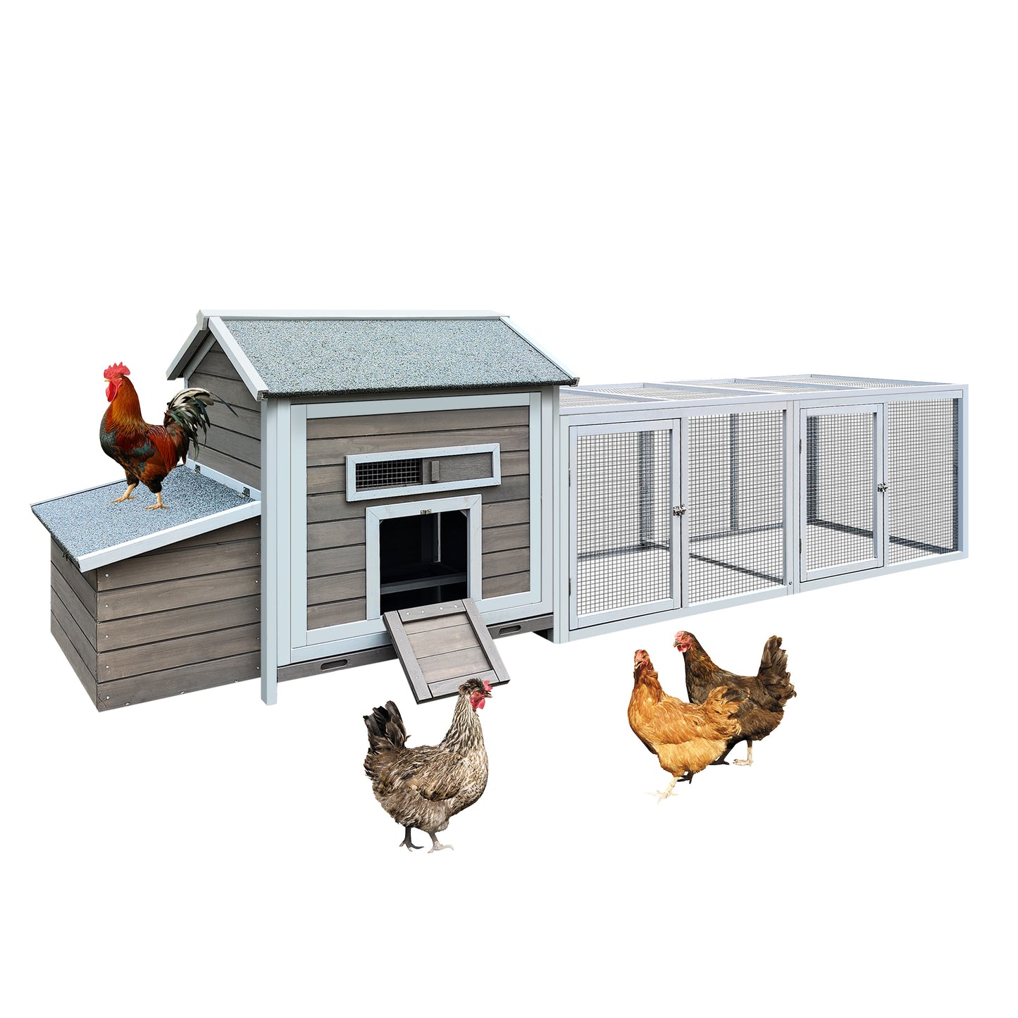 118＂Wooden Chicken Coop Outdoor Hen House Poultry Cage with Free-range Doors, Nesting Box,Leakproof Pull-on Tray