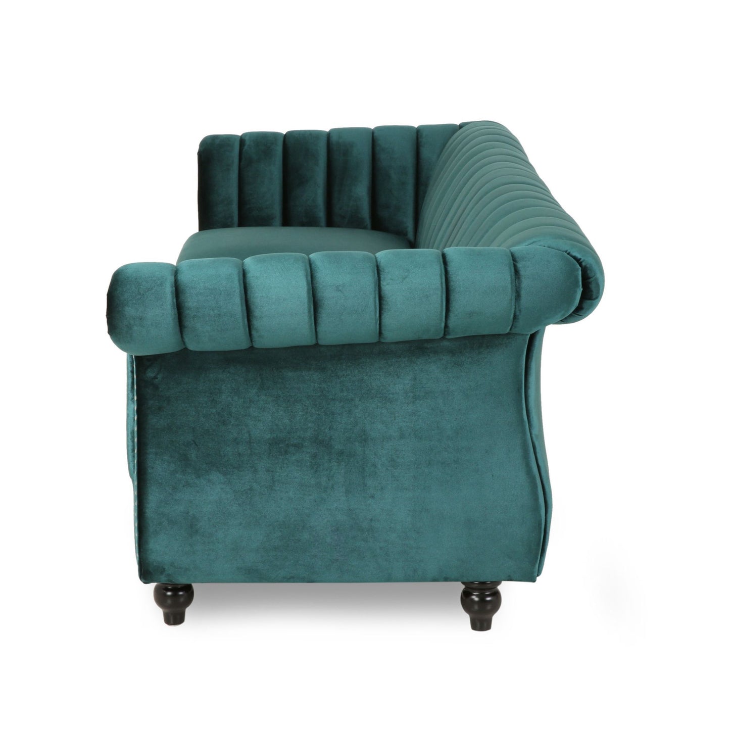 84-Inch Teal 3-Seater Velvet Sofa – Button Tufted with Nailhead Trim, Curved Backrest, and Rolled Arms, Stylish and Elegant Couch for Modern Living Rooms, Durable Upholstery, Luxury Design