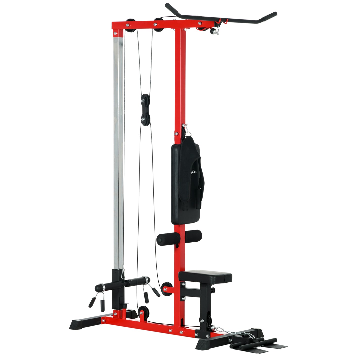 Soozier Cable Machine, LAT Machine with High and Low Pulley Stations, Cable Row Machine with Adjustable Seat and Flip-Up Footplate, for Home Gym, Black and Red