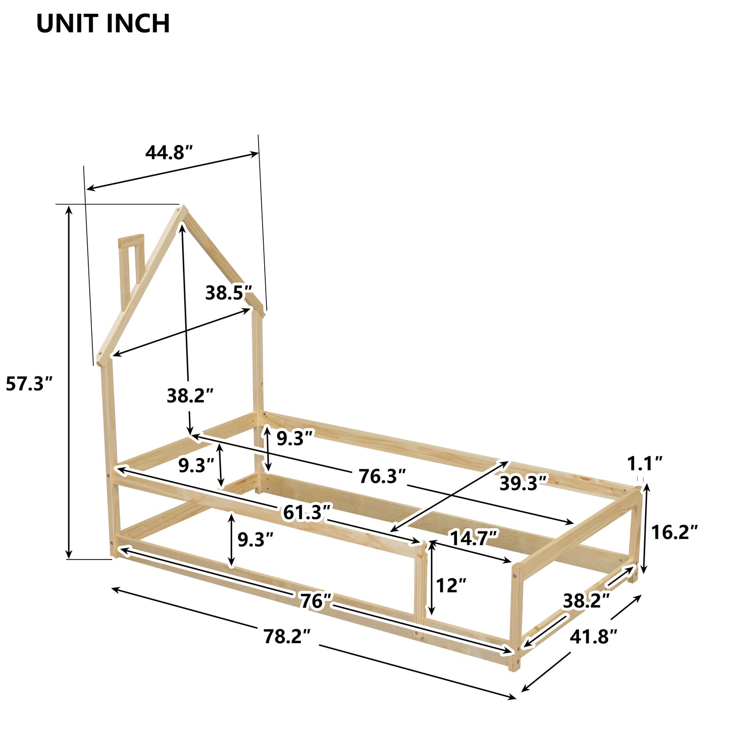 Twin Size Wood bed with House-shaped Headboard Floor bed with Fences,Natural