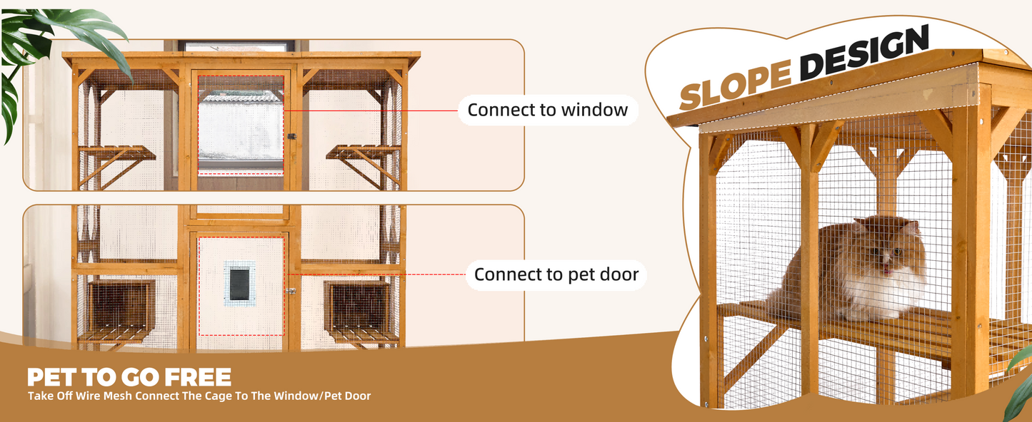 Catio Outdoor Cat Enclosure with Roof 72" Height Cat Wooden House Large Cat Cage with 3 Jumping Platforms and 2 Napping Houses for Cat Activity (Yellow)