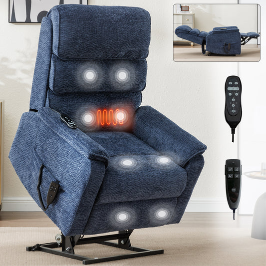 Blue Chenille Dual Motor Infinite Position Up to 350 LBS Power Lift Recliner Chair with Power-Remote, Heat Massage and Heavy Duty Motion Mechanism