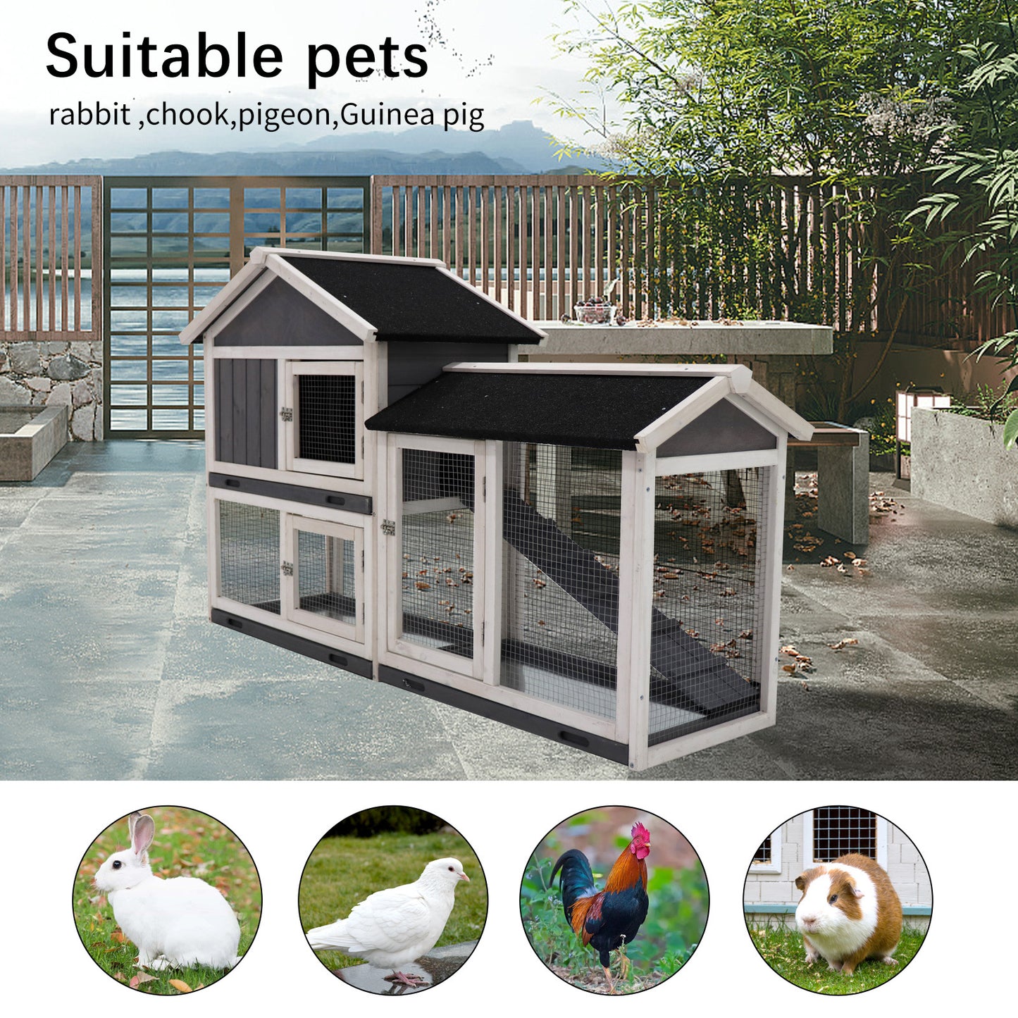 Rabbit Hutch, Indoor Bunny Cage, Outdoor Rabbit Cages with Run, Pet House with Deeper No Leak Tray, UV Panel, Removable Bottom Wire Mesh for Small Animals