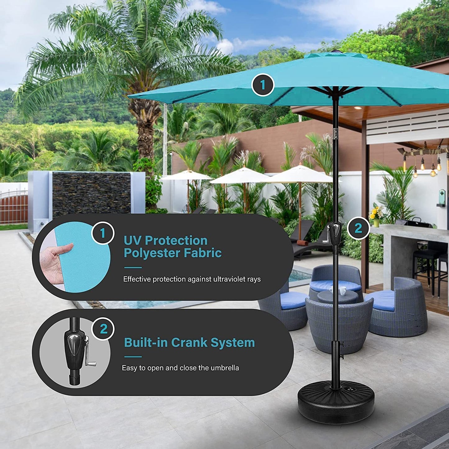 Simple Deluxe 9' Patio Umbrella Outdoor Table Market Yard Umbrella with Push Button Tilt/Crank, 8 Sturdy Ribs for Garden, Deck, Backyard, Pool, Turquoise