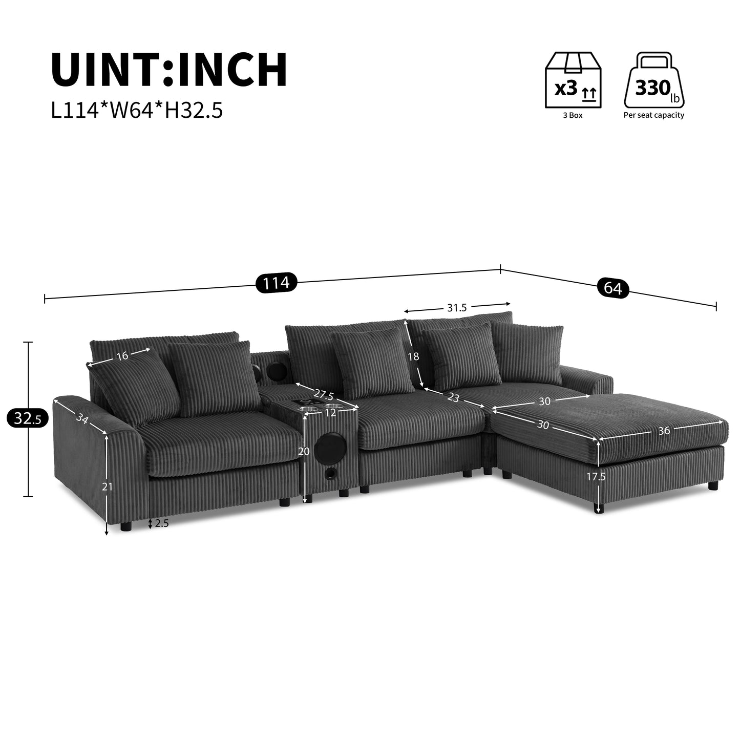 [SantaChoice] 114*64'' Corduroy Sectional Sofa with Bluetooth Speakers,L Shaped Couch with Console,USB Charger,Cup Holders,Storage,Ottoman,Deep and Wide Seat Cloud Sofa for Living Room,Apartment,2 Colors