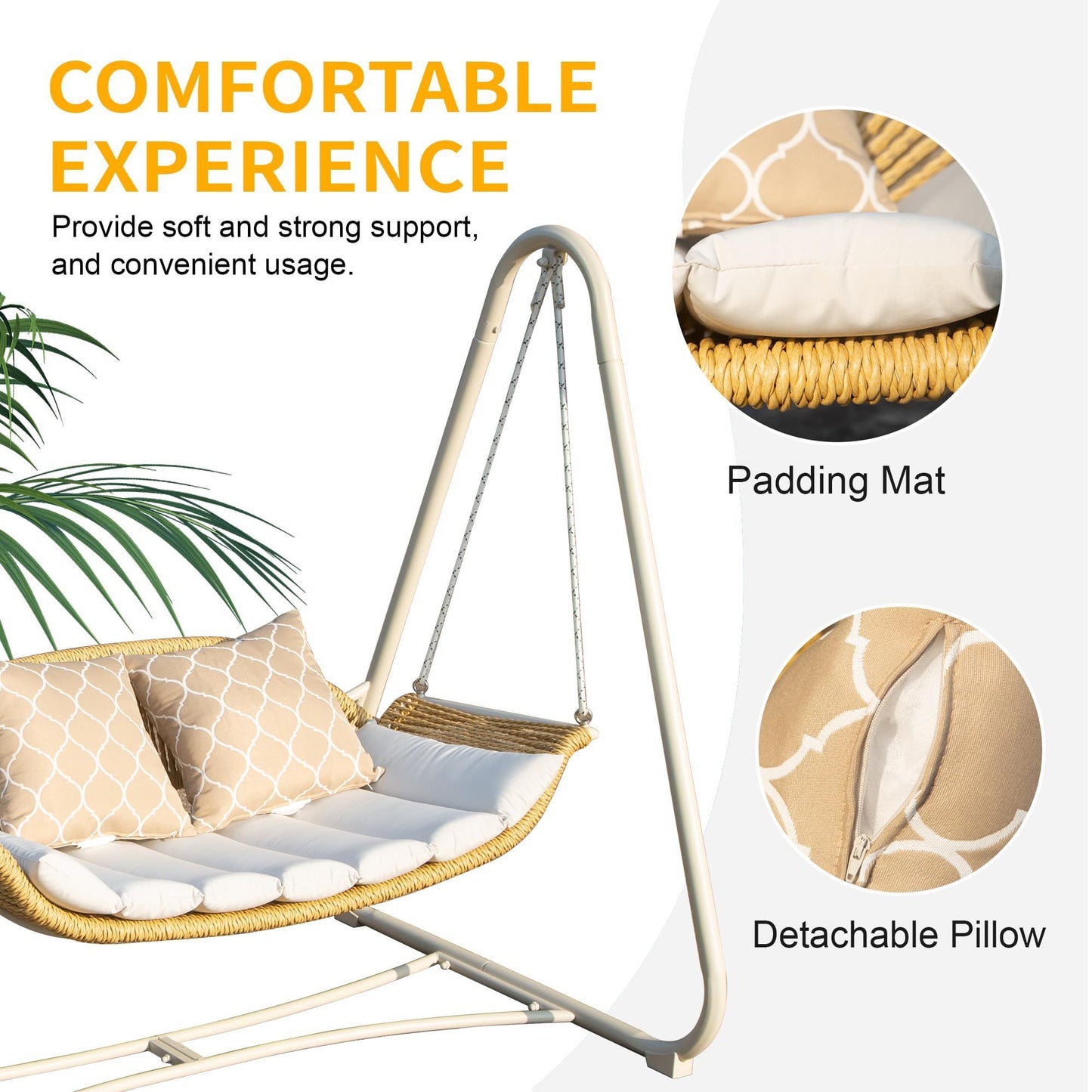 Outdoor Patio Porch Swing, 2-Seat Hanging Swing Chair with Thickened Cushions and Pillow, Rattan Porch Swing Chair Outdoor Hammock Chair for Porch, Backyard, Garden