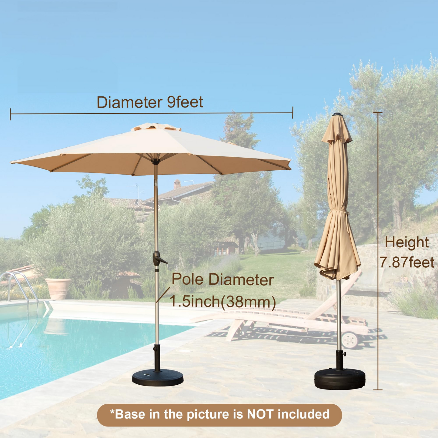 9FT Patio Umbrella, Outdoor Table Umbrella with Push Button Tilt and Crank, UV Protection Waterproof Market Sun Umbrella with 8 Sturdy Ribs for Garden, Deck, Backyard, Pool (Beige)