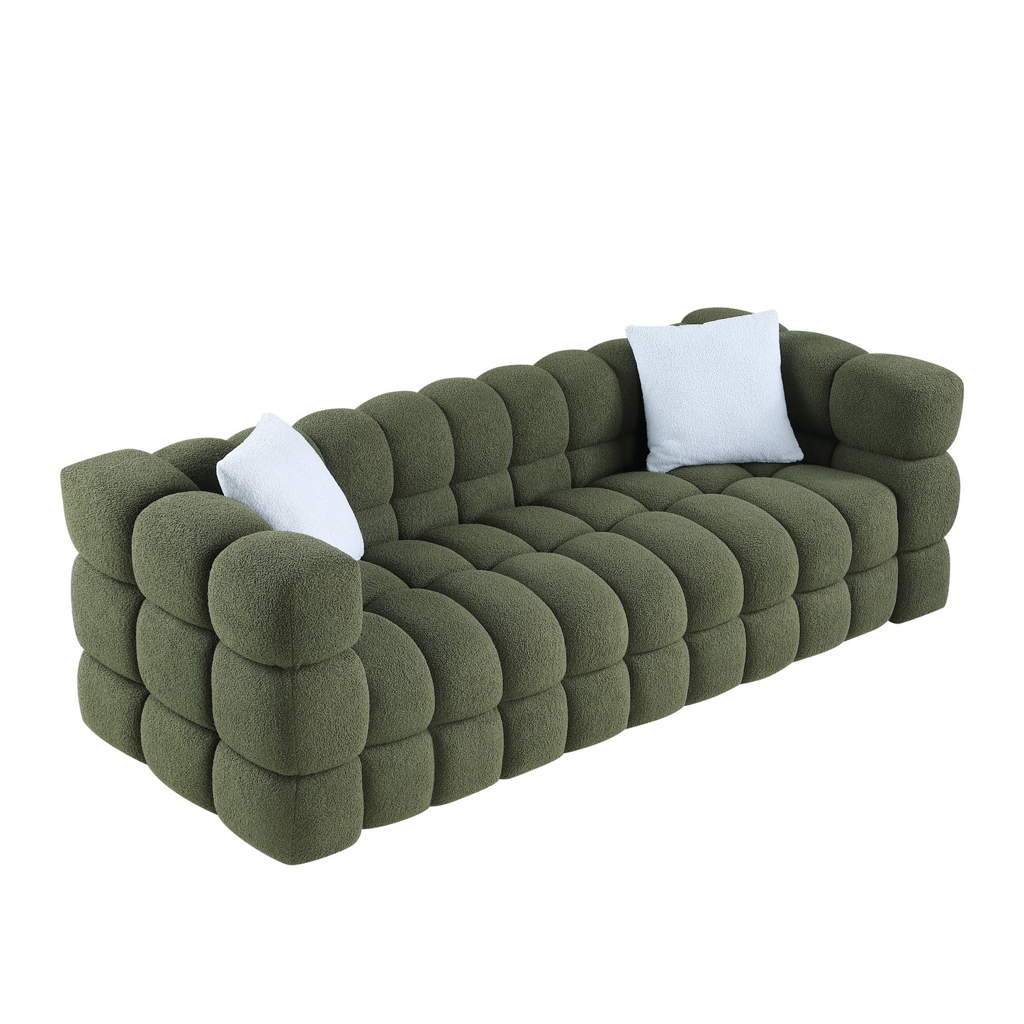 84.3 length ,35.83" deepth ,human body structure for USA people,  marshmallow sofa,boucle sofa ,3 seater, OLIVE GREEN BOUCLE