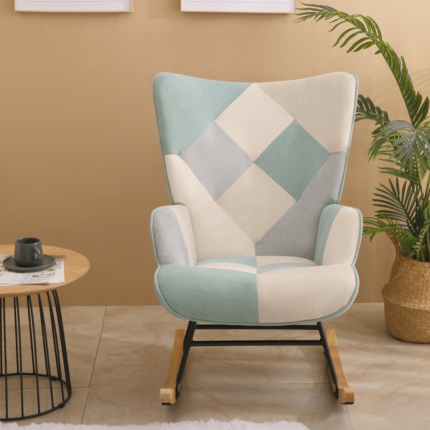 Accent Rocking Chair, Mid Century Fabric Rocker Chair with Wood Legs and Patchwork Linen for Livingroom Bedroom