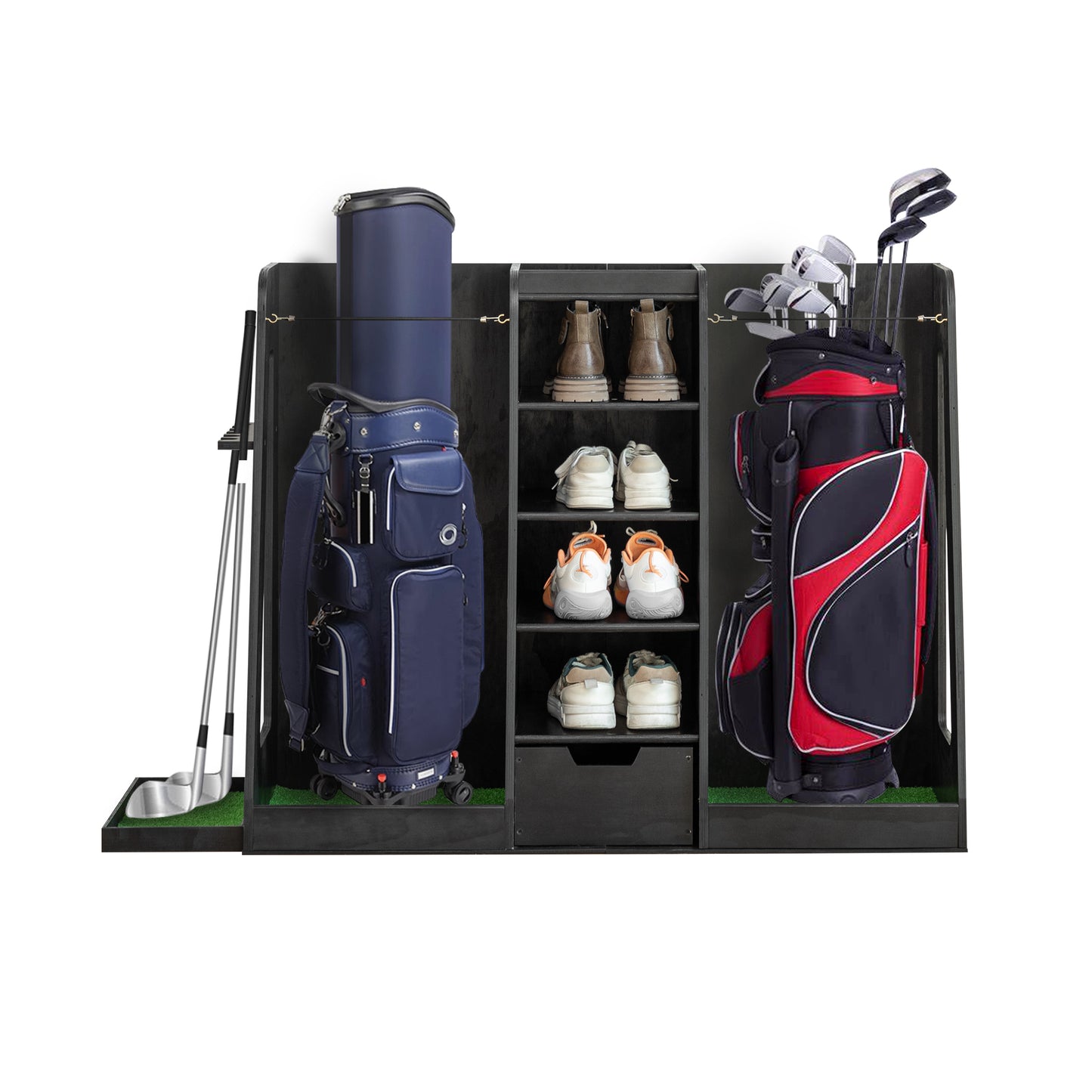 55.5''x16''x37''(LxWxH) Wooden Golf Bag Organizer and Storage Rack, High Quality Wooden 2 Golf Bag Rack with Drawers, Easy to Assemble Golf Club Holder/Stand with Club Holders on Side,Black