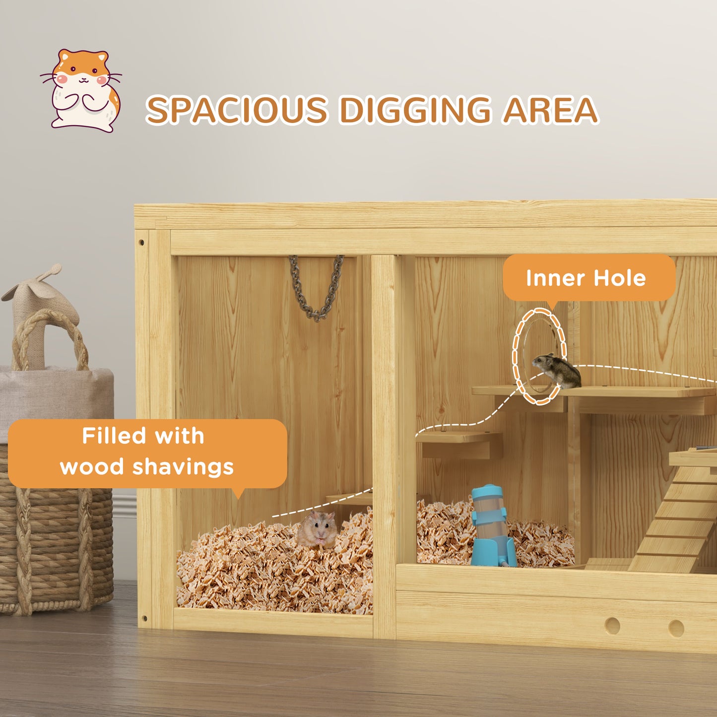 PawHut Wooden Hamster Cage, Extra Large Gerbil Cage, Multi-Layer Small Animal Cage for Dwarf Hamster, Activity Center with Pull-out Tray, Seesaws, Water Bottle, Ladder, Openable Top