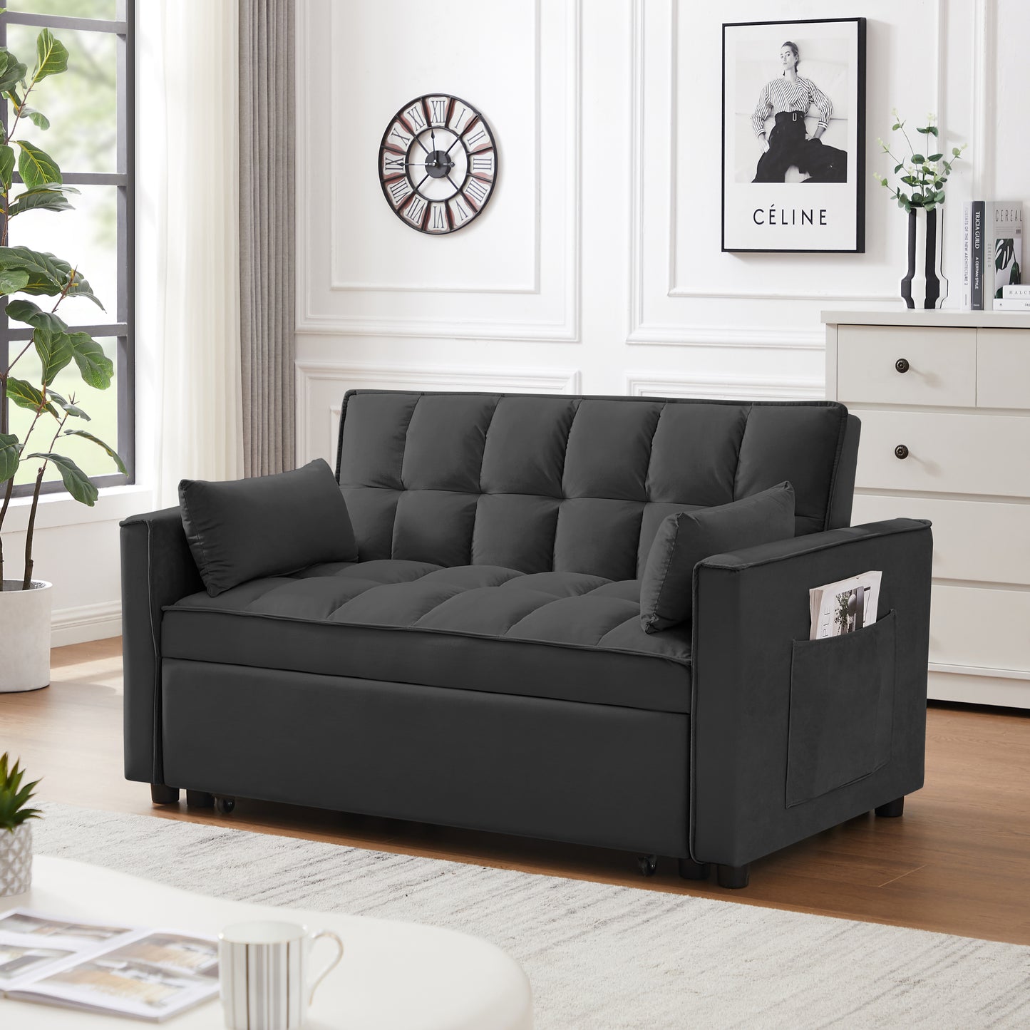 [SantaChoice] Modern Velvet Loveseat Futon Sofa Couch w/Pullout Bed,Small Love Seat Lounge Sofa w/Reclining Backrest,Toss Pillows, Pockets,Furniture for Living Room,3 in 1 Convertible Sleeper Sofa Bed, Black