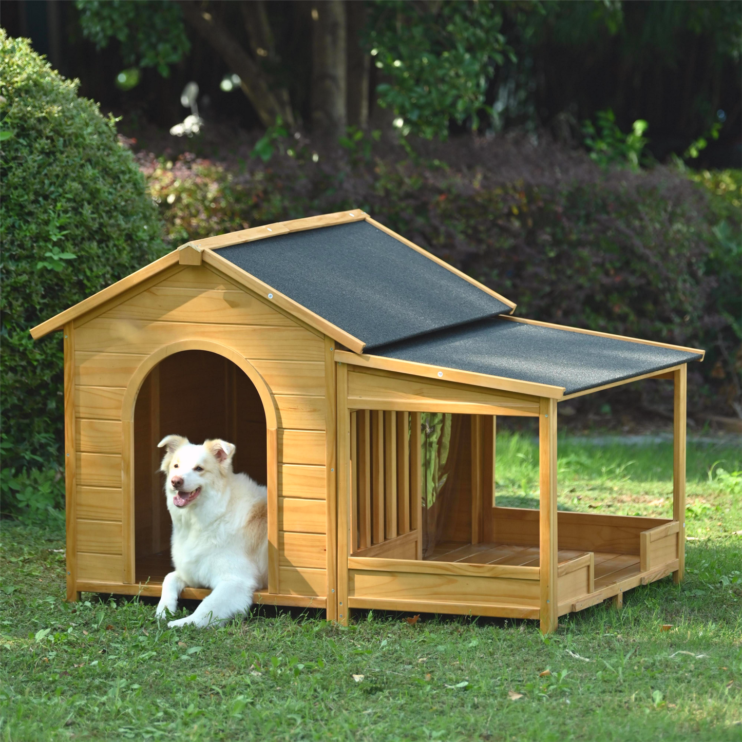 60.2" Large Wooden Dog House with Porch, Cabin Style Dog Crate with Asphalt Roof and Elevated Floor, Dog Kennel with Side Window and Doors, Perfect for Medium & Large Dogs, Nature