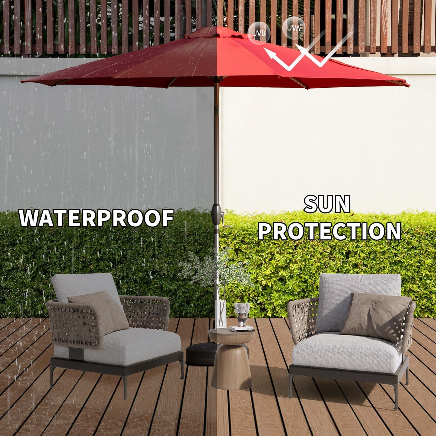 9FT Patio Umbrella, Outdoor Table Umbrella with Push Button Tilt and Crank, UV Protection Waterproof Market Sun Umbrella with 8 Sturdy Ribs for Garden, Deck, Backyard, Pool (Brick red)