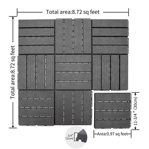 Patio Interlocking Deck Tiles, 12"x12" Square Composite Decking Tiles, Four Slat Plastic Outdoor Flooring Tile All Weather for Balcony Porch Backyard, (Dark Grey, Pack of 36)