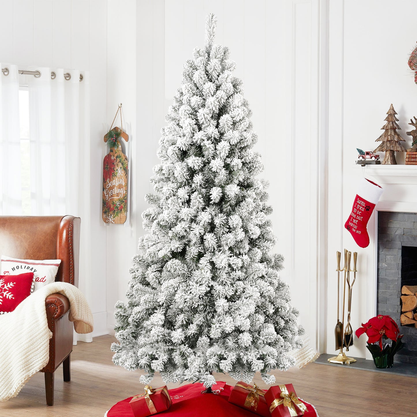 6FT Pre-lit Flocked Christmas Tree with 760 Memory Wire Tips – Effortlessly Fluffed, Perfectly Shaped, and Lit with 300 Warm  Incandescent Lights Bringing Lasting Elegance and Wase to Your Holiday