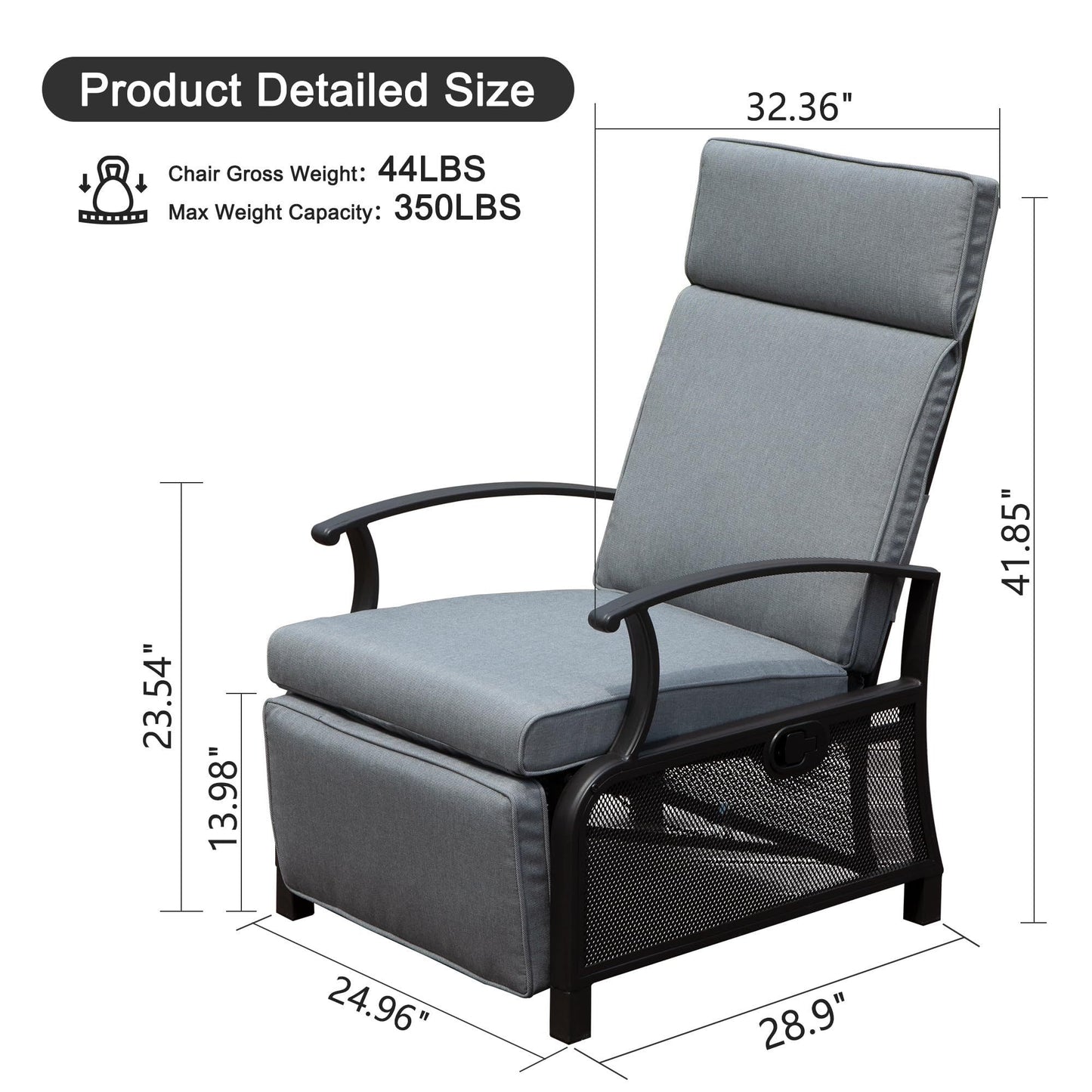 Adjustable Patio Recliner Chair Metal Outdoor Lounge Chair with Flip Table Push Back, Adjustable Angle, 6.8'' Removable Cushions, Support 350lbs,Gray