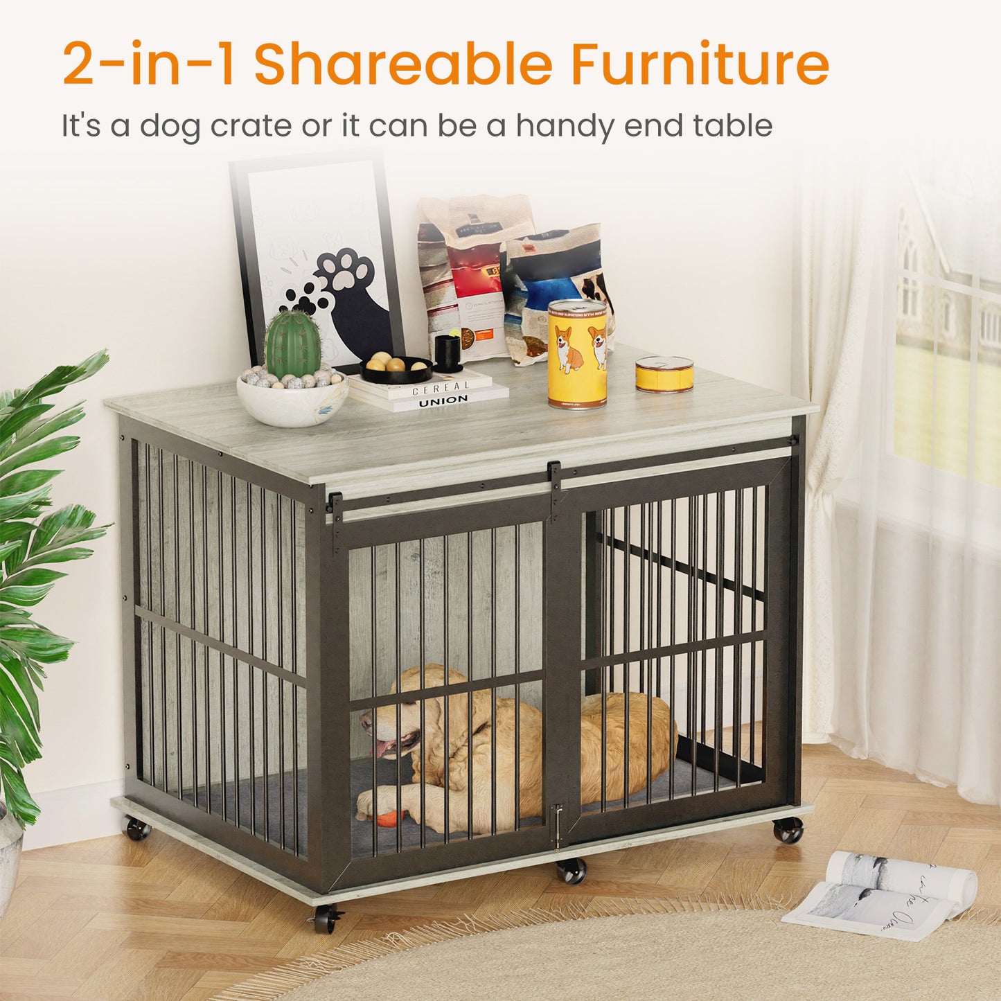 Furniture dog crate sliding iron door dog crate with mat. (Grey,43.7''W x 30''D x 33.7''H)