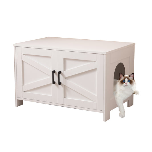 Cat Litter Box Enclosure, Litter Box Furniture Hidden with Barn Door, Wooden Cat Washroom Furniture, Cat House, End Table, Fit Most of Litter Box, White