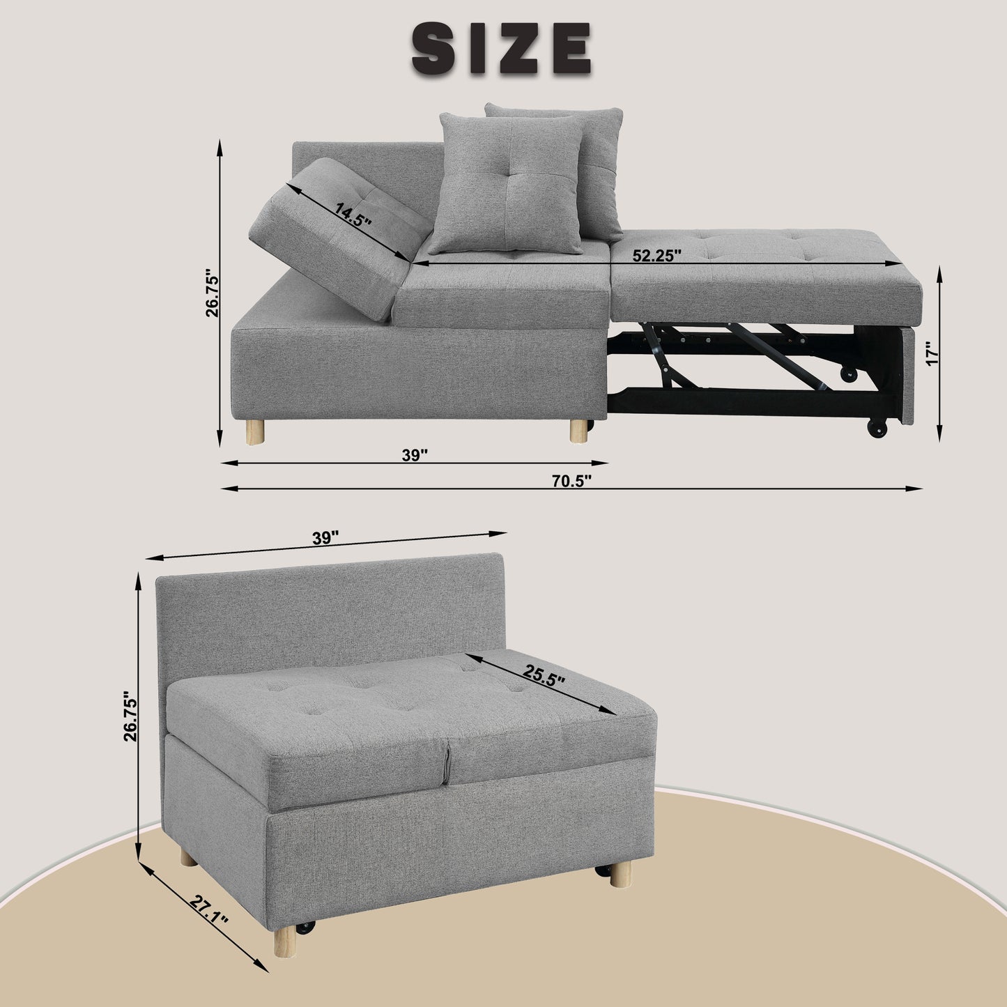 [SantaChoice] 4-in-1 Convertible Sofas & Couches, Single Extendable Sofa with 6 Position Adjustable Back, Sofa Bed with 2 Pillows, Gray