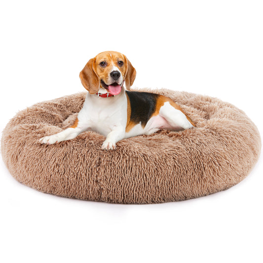 Anti-Slip Round Fluffy Plush Faux Fur Cat Bed, extra large  Brown