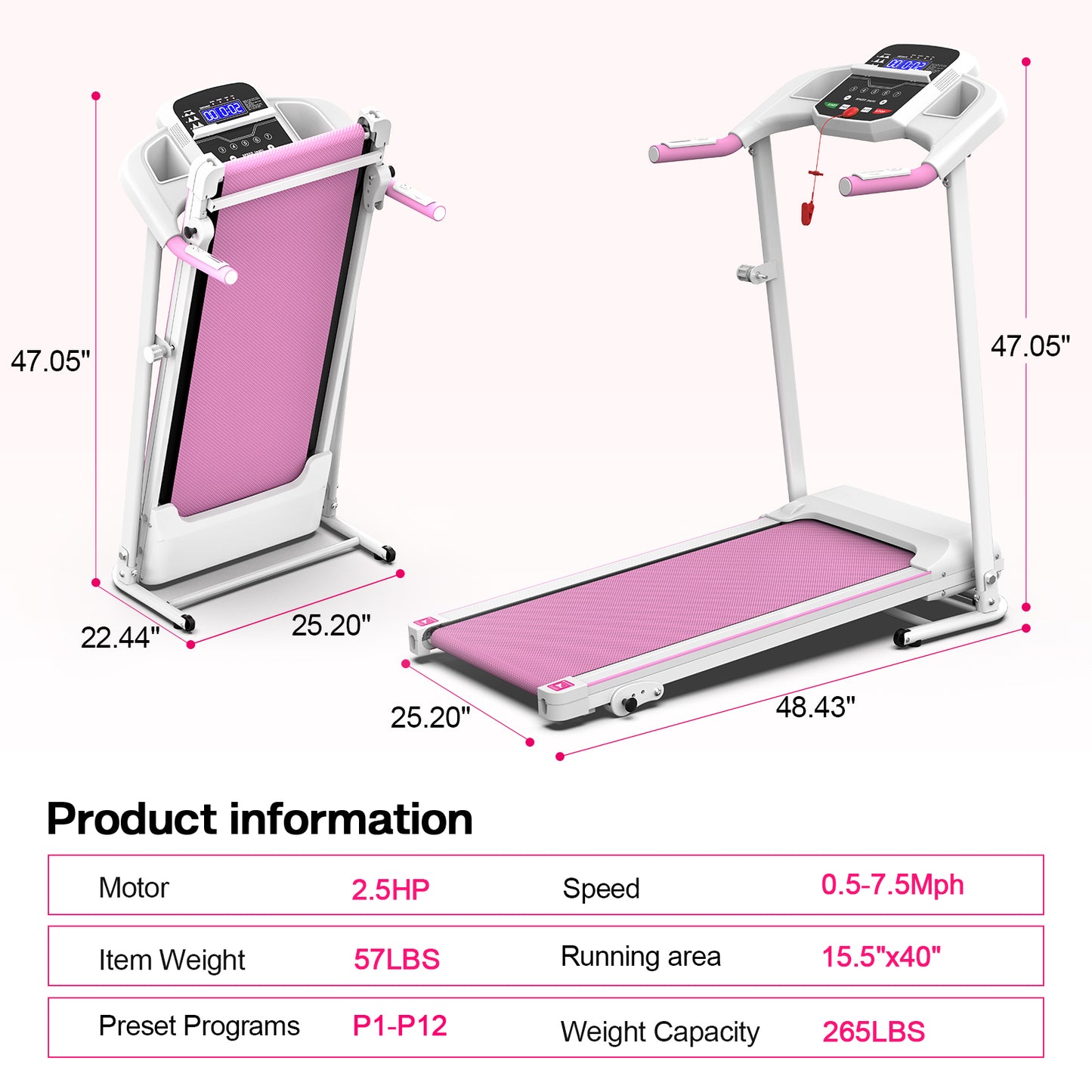 Foldable Treadmill 2.5HP Electric Folding Treadmill Running Walking Machine for Home Gym, Max 265 LBS Weight Capacity