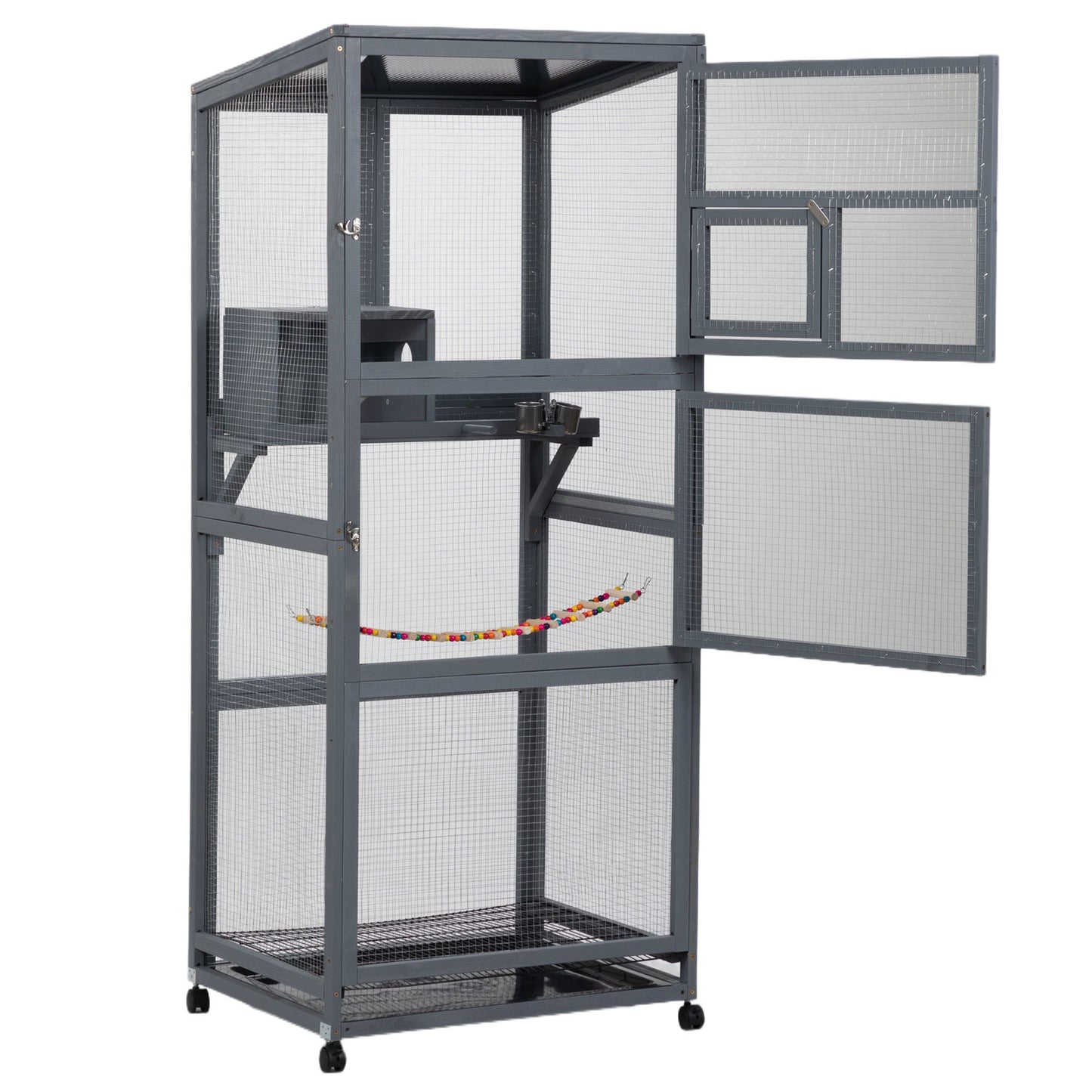 Wood Bird Cage with Universal Wheels-Gray