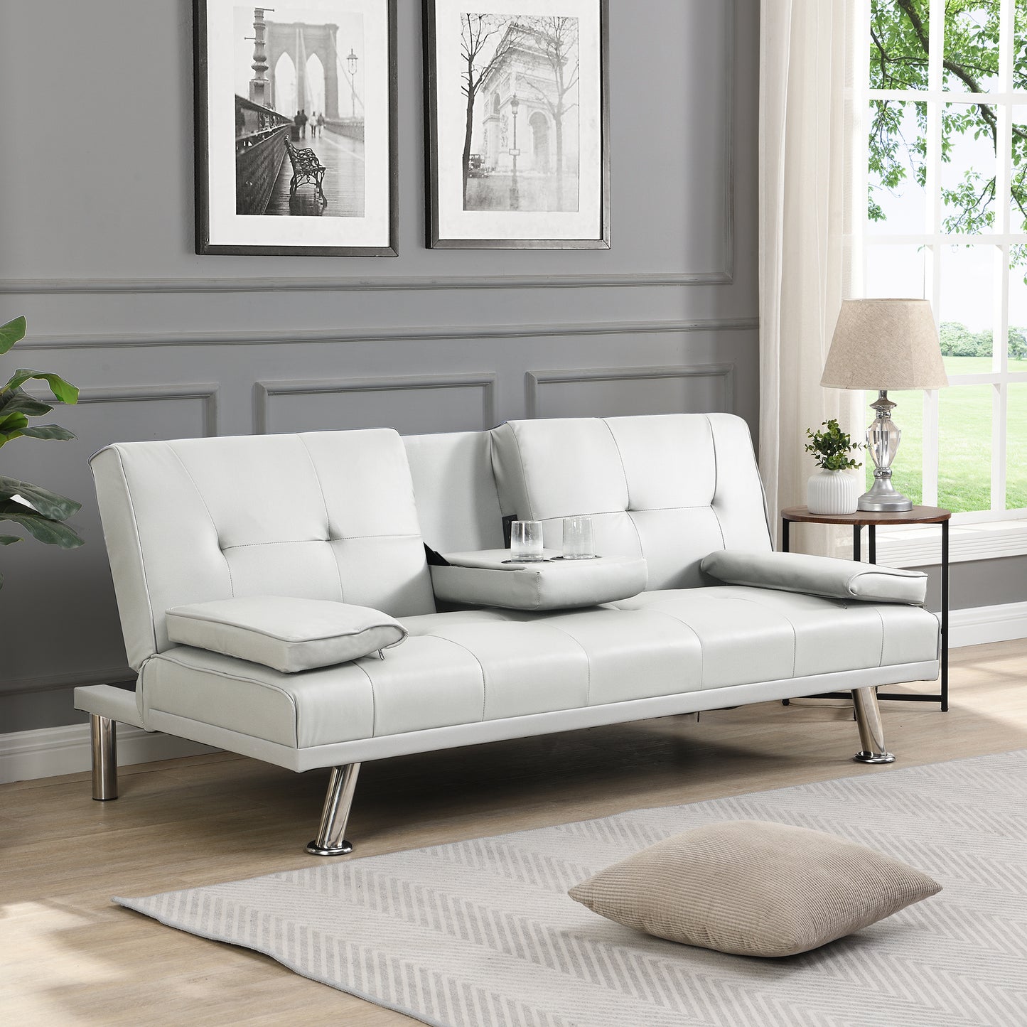 Sofa Bed with Armrest two holders WOOD FRAME, STAINLESS LEG, FUTON WHITE PVC