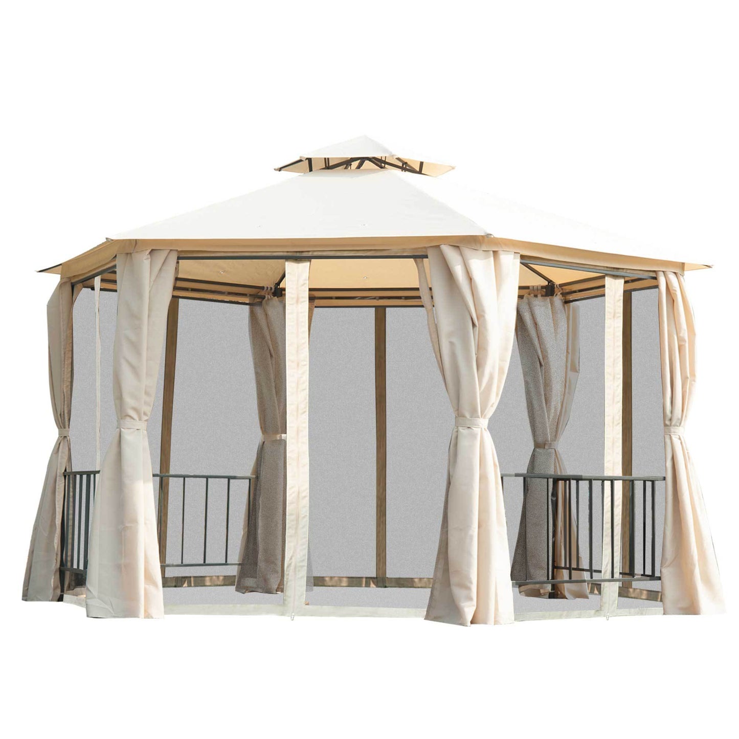 13' x 13' Patio Gazebo, Double Roof Hexagon Outdoor Gazebo Canopy Shelterwith Netting & Curtains, Solid Steel Frame for Garden, Lawn, Backyard and Deck, Beige