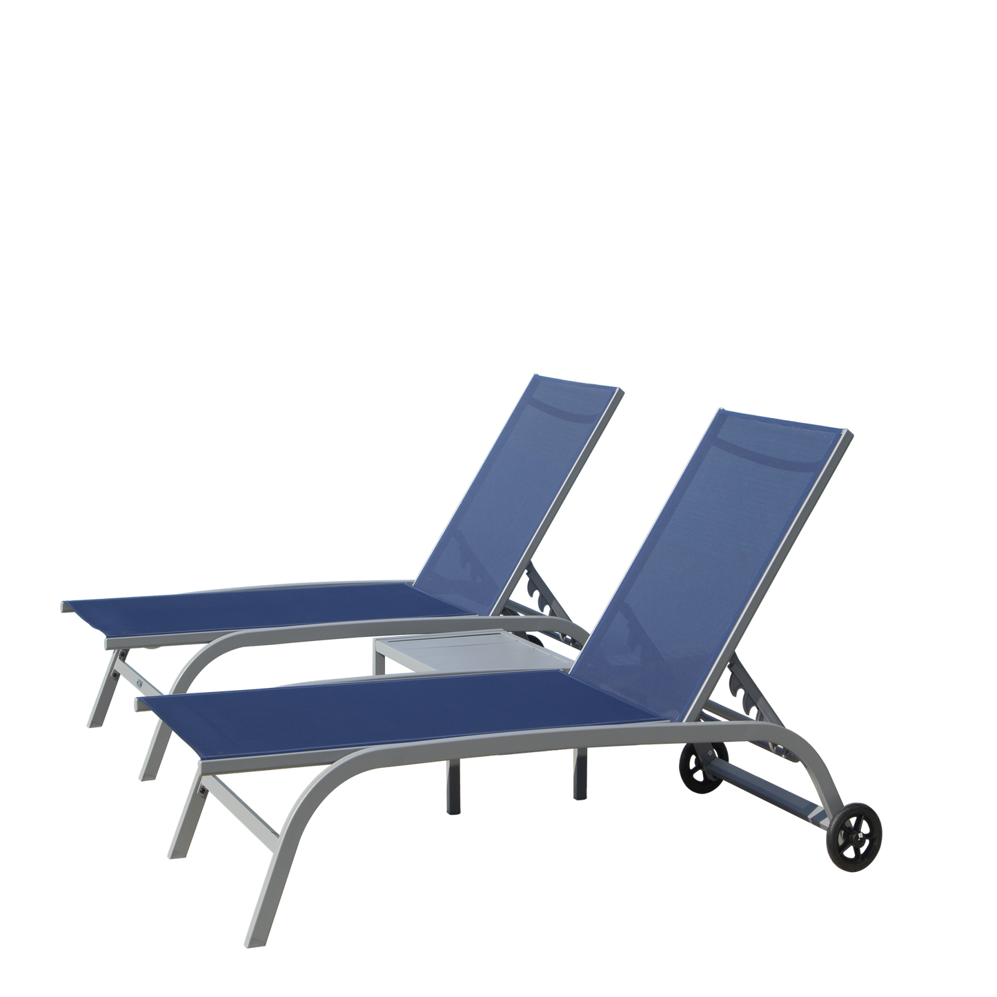 Chaise Lounge Outdoor Set of 3, Lounge Chairs for Outside with Wheels, Outdoor Lounge Chairs with 5 Adjustable Position, Pool Lounge Chairs for Patio, Beach(Blue, 2 Lounge Chairs+1 Table)