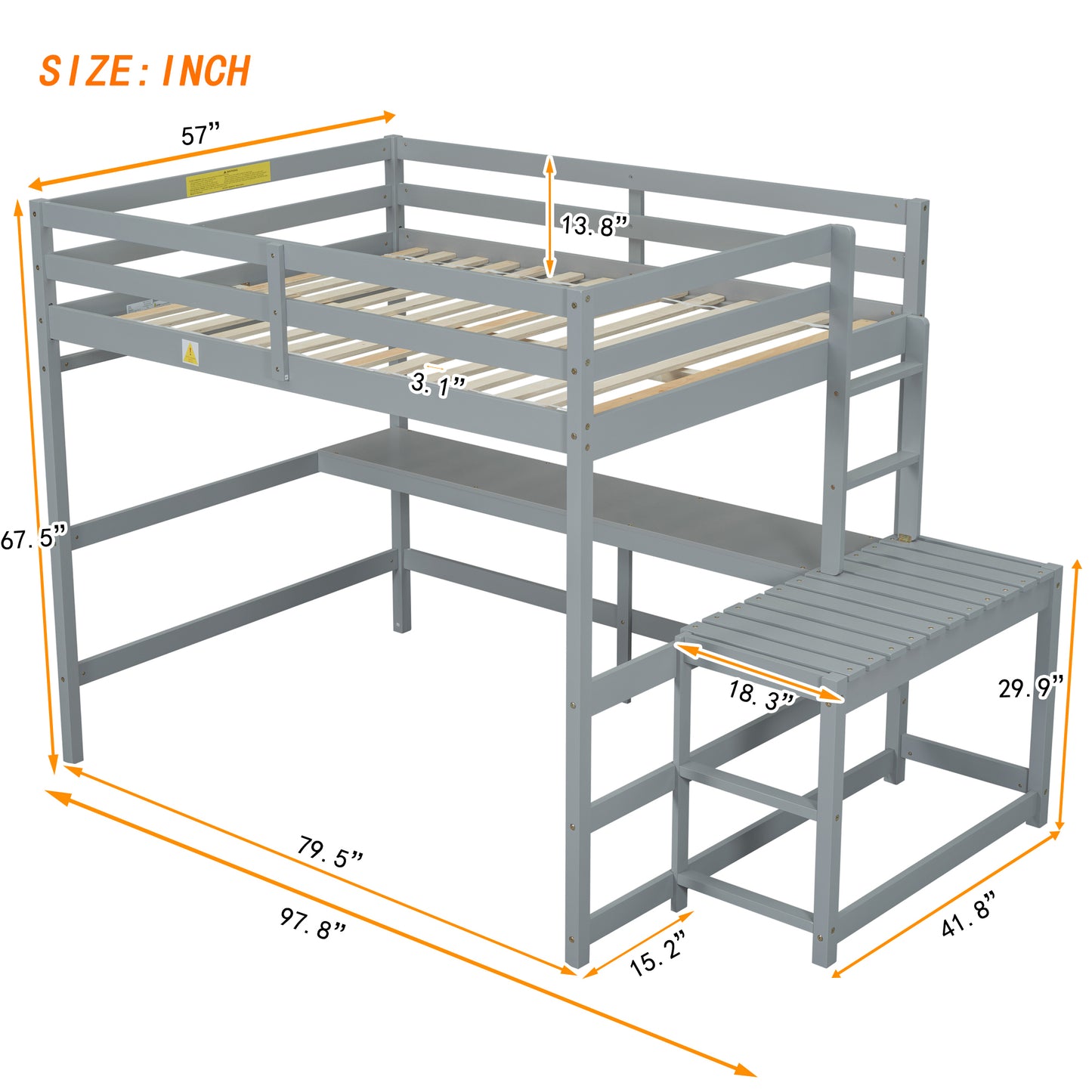 Full Size High Loft Bed with Built-in Desk, Ladder Platform, Ladders, Guardrails ,Grey