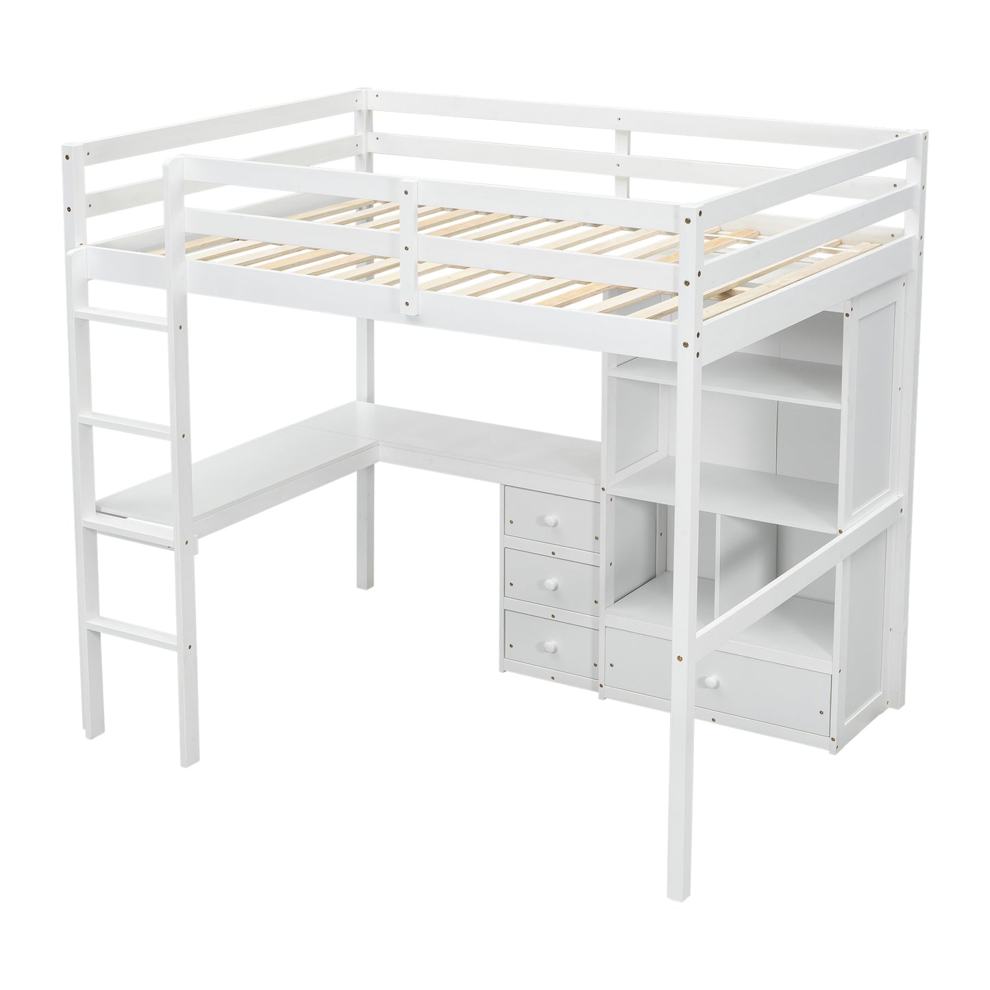 Full Size Loft Wood Bed with Desk, Storage shelves and Drawers, Built-in Ladder, High Loft Bed with Desk, Storage Shelves and Drawers,Guardrails,White