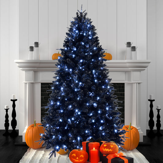 9ft Pre-Lit Black Christmas Tree, Full Halloween Xmas Artificial Tree 3176 Branch Tips, 750 Lights, Metal Hinges, Foldable Base, Holiday Decoration - Black