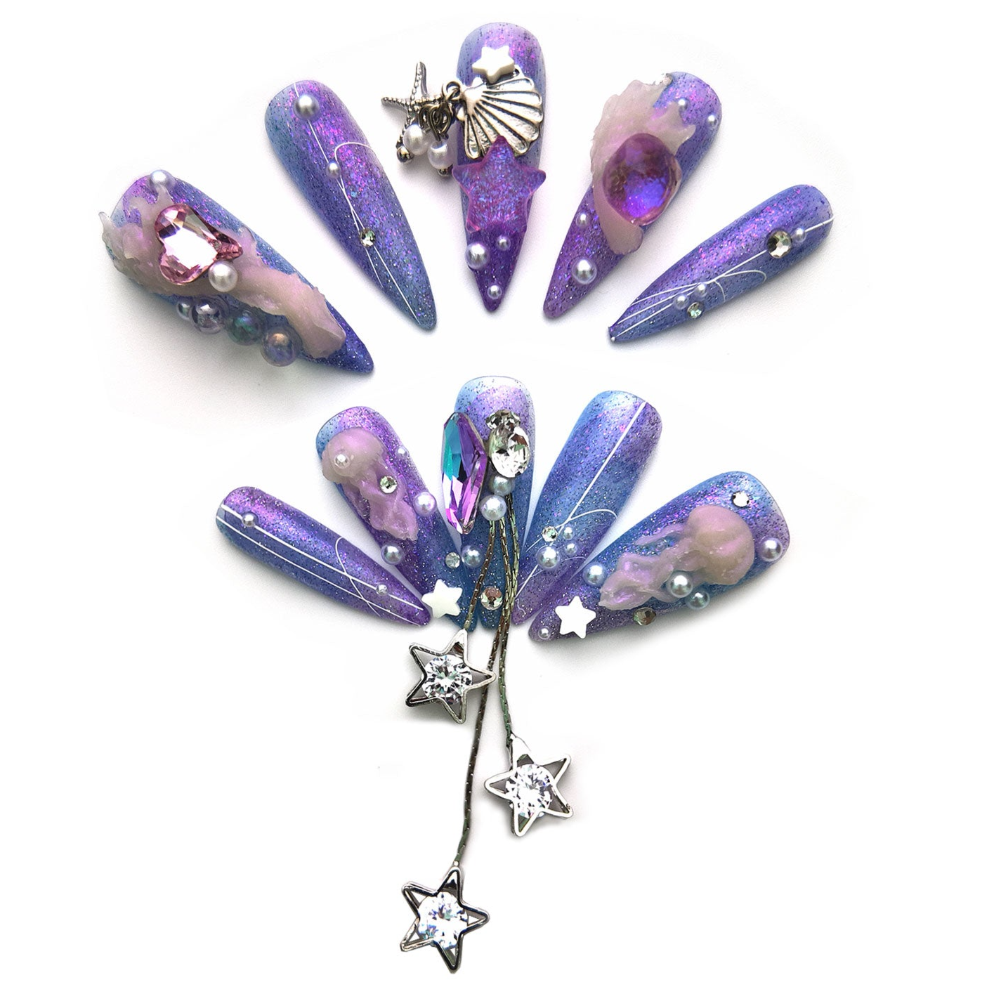 Luxury Handmade Press On Nail Baroque Style Long Pointed Nails with Diamonds, Acrylic, Faux Nail Set for Women(Mermaid's Dream, Large)