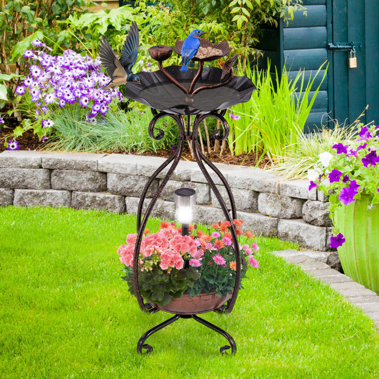 Solar Outdoor Bird Bath Feeder Combo with Flower Planter Pedestal and Solar Lights