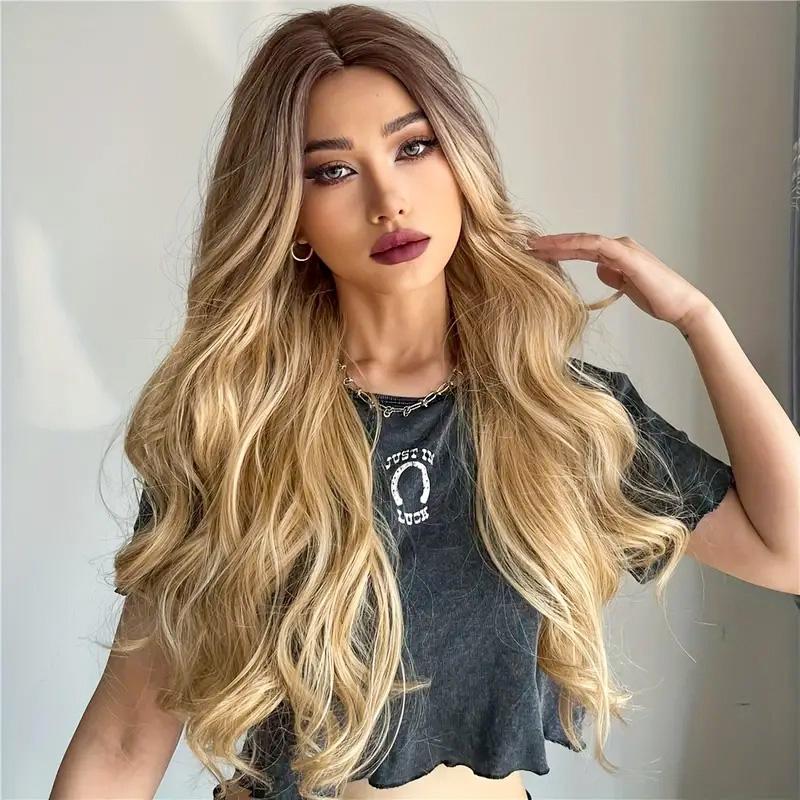 26 Inch Long Ash Blonde Wig with bangs Natural Wavy Hair - Perfect for Daily Wear and Middle Part Style